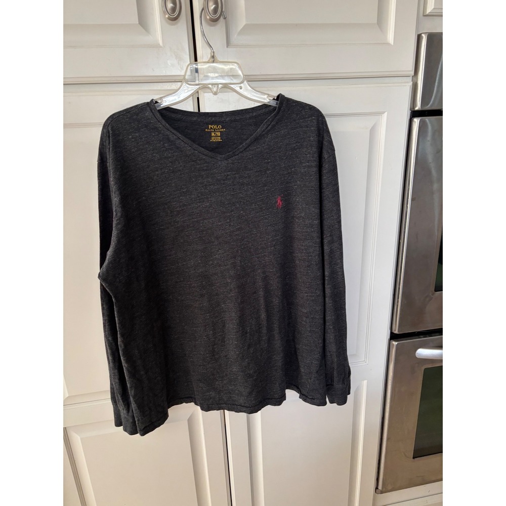 Polo Ralph Lauren Mens XL Long Sleeve V-Neck T-Shirt Gray Heather‎ Red Pony